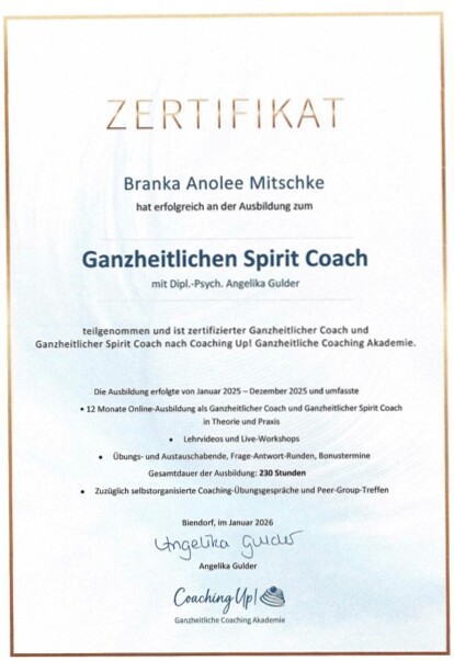 GSCA Zertifikat — Ganzheitliche Spirit Coach, Angelika Gulder